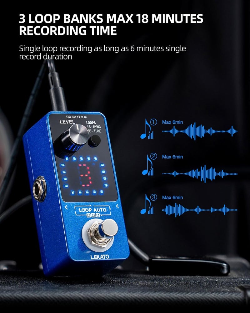 LEKATO Guitar Looper Pedal,Guitar Looper with 9V 0.6A Looper Pedal Power Supply Adapter, Effect Loop Pedal with SYNC & Tuner Function Looper Pedal for Electric Guitar 3 Loops 18 Minutes Record Time - Image 2